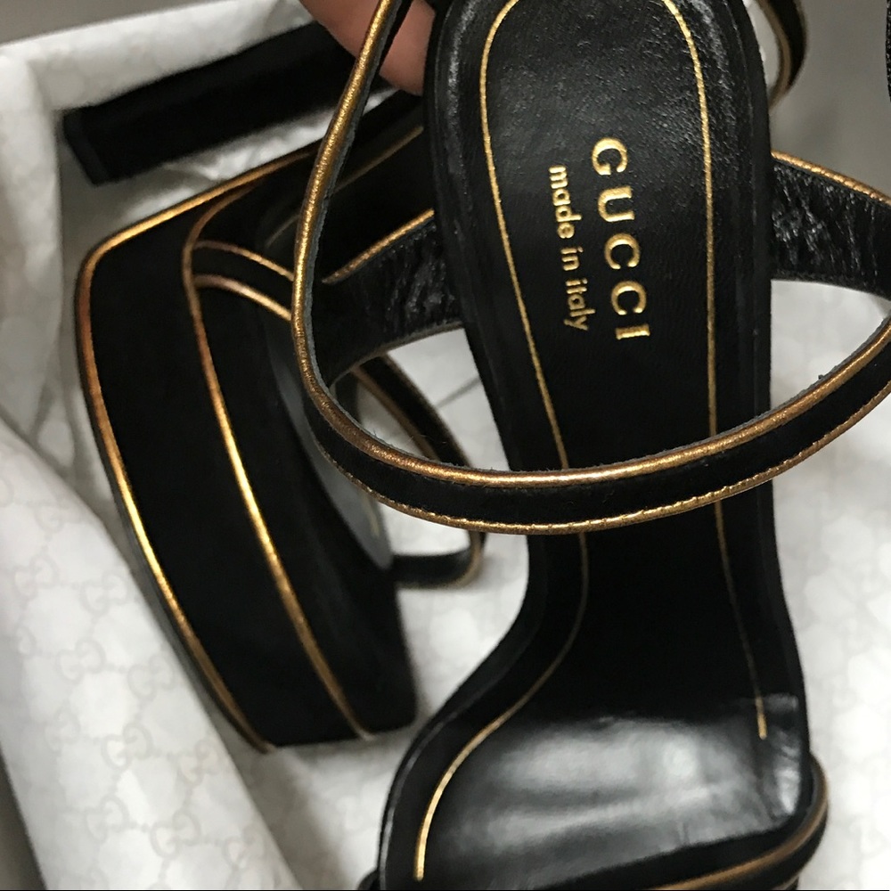 Gucci Black Platform Sandals with Gold Trim - Picture 9 of 13